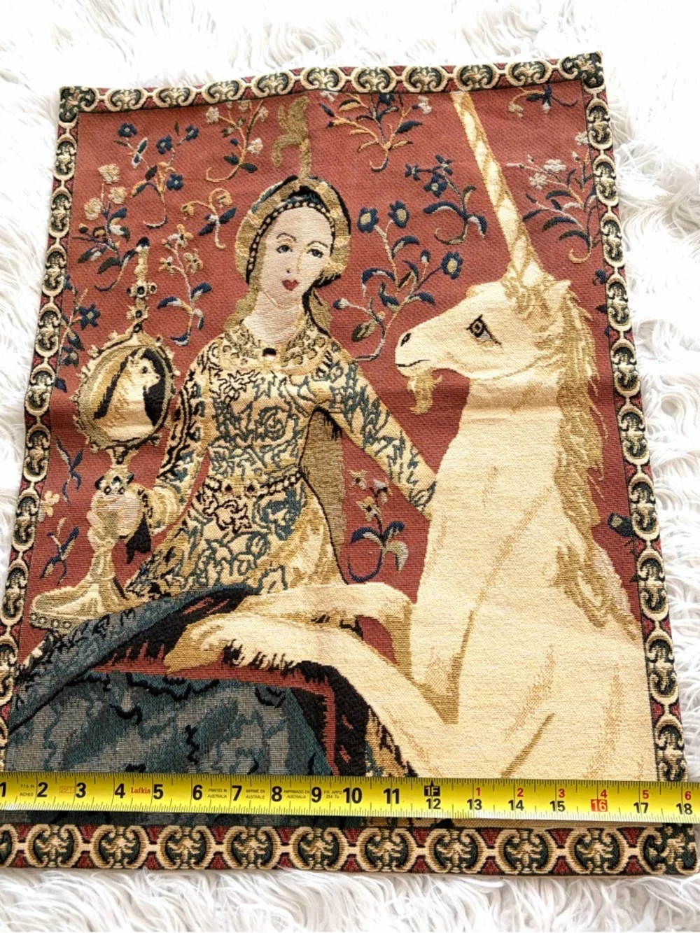 Vintage Lady and Unicorn Belgian Hanging Woven Wall Tapestry 24”x18” Cotton